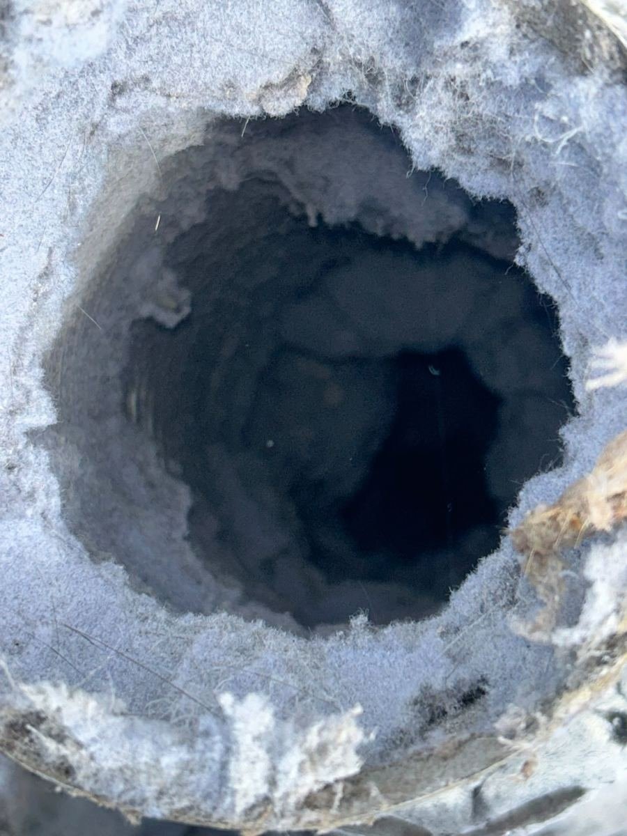 Thick lint buildup lining a clogged dryer vent